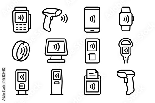 Contactless Payment Icons. Outline icon set of contactless payment devices: POS terminal, handheld scanner,