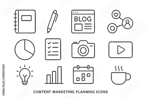 Content Marketing Icons. Outline icon set of content marketing planning: notebook, pen, blog icon, social