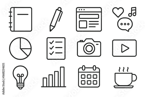 Content Marketing Icons. Outline icon set of content marketing planning: notebook, pen, blog icon, social