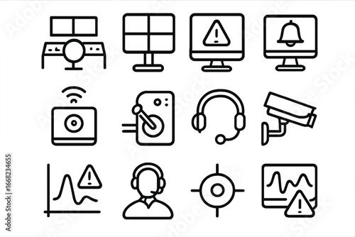 Control Room Icons. Outline icon set of control room monitoring: control desk, surveillance screen, real-time
