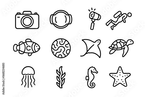 Coral Reef Icon Set. Outline icon set of coral reef photography: underwater camera, dome port, strobe light,