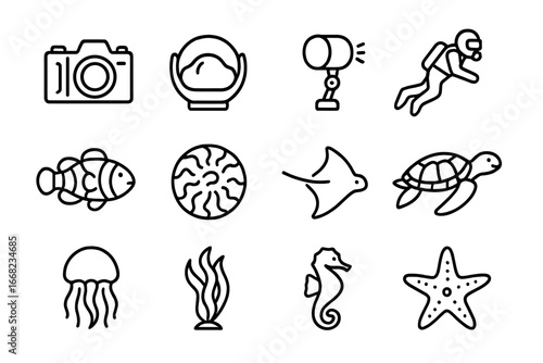 Coral Reef Icon Set. Outline icon set of coral reef photography: underwater camera, dome port, strobe light,