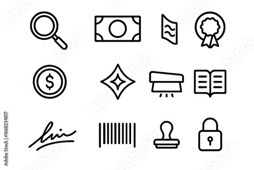 Counterfeit Prevention Icons. Outline icon set of counterfeit prevention: magnifying glass, banknote,