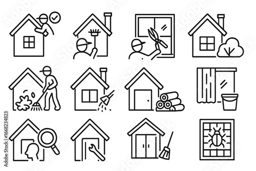 Cottage Upkeep Icons. Outline icon set of seasonal cottage upkeep: roof check, chimney sweep, window clean,