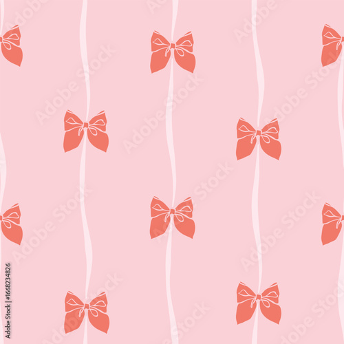 Seamless pattern with red bows on pink. Cute girly background for Birthday, Christmas, or Valentine day gift wrapping paper, packaging, wallpaper, fabric, clothes. Hand drawn bow knots print design.