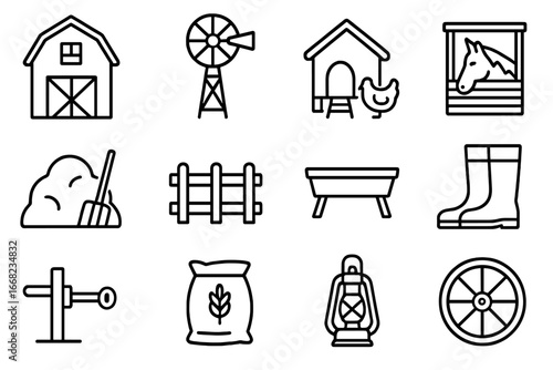 Country Barn Icons. Outline icon set of country barn scene: barn building, windmill, chicken coop, horse stall