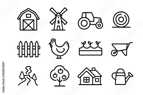Countryside Living Icons. Outline icon set of countryside living: barn, windmill, tractor, hay bale, fence,