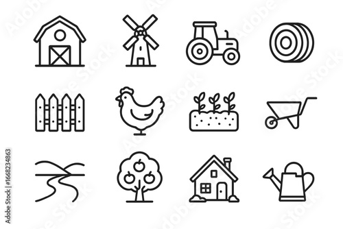Countryside Living Icons. Outline icon set of countryside living: barn, windmill, tractor, hay bale, fence,
