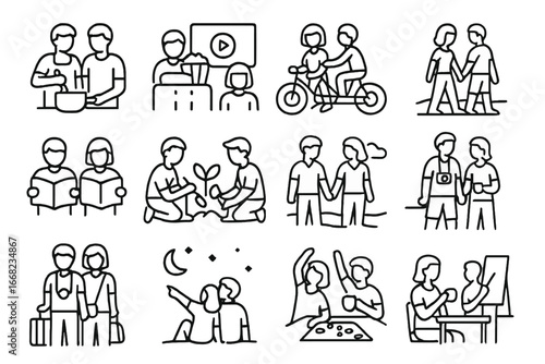 Couple Activity Icons. Outline icon set of couple activities: cooking together, movie night, bike ride,