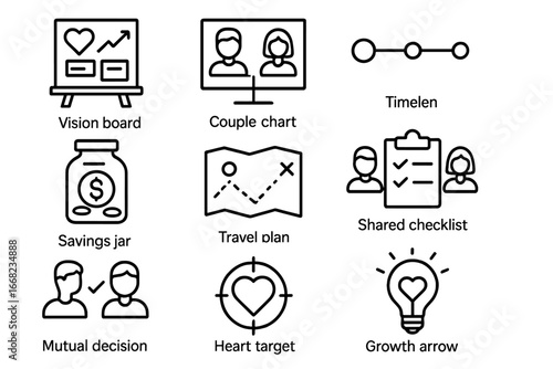 Couple Planning Icons. Outline icon set of couple goal planning: vision board, couple chart, timeline icon,