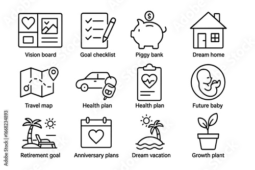 Couple Goals Icon Set. Outline icon set of couple goals: vision board, goal checklist, piggy bank, dream home,
