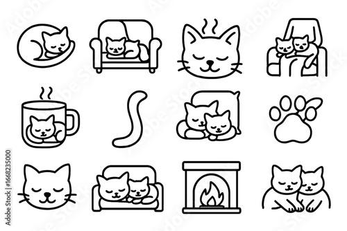 Cozy Cat Icons. Outline icon set of cuddling cats on the couch: curled cat, blanket, purring icon, lap cuddle,