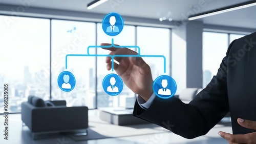 Dynamic Hierarchy: Man Interacts with Digital Organizational Chart in Modern Office