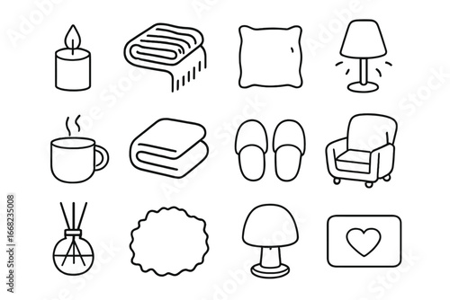 Cozy Home Icons. Outline icon set of cozy home atmosphere: candle, knit throw, plush pillow, warm light, mug
