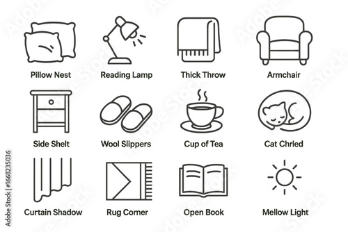 Cozy Nap Icon Set. Outline icon set of nap corner arrangement: pillow nest, reading lamp, thick throw,