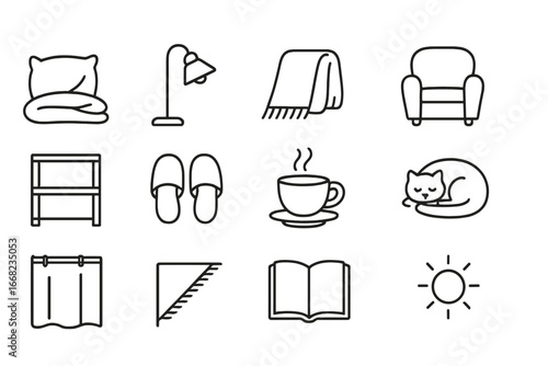 Cozy Nap Icon Set. Outline icon set of nap corner arrangement: pillow nest, reading lamp, thick throw,