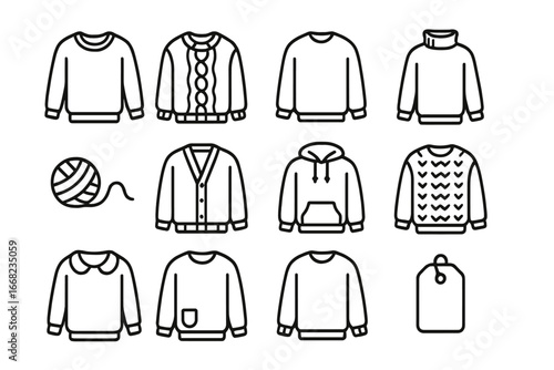 Cozy Sweater Icons. Outline icon set of cozy sweater fashion: knit pullover, cable knit, oversized fit, ribbed