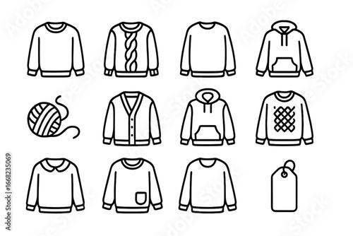Cozy Sweater Icons. Outline icon set of cozy sweater fashion: knit pullover, cable knit, oversized fit, ribbed