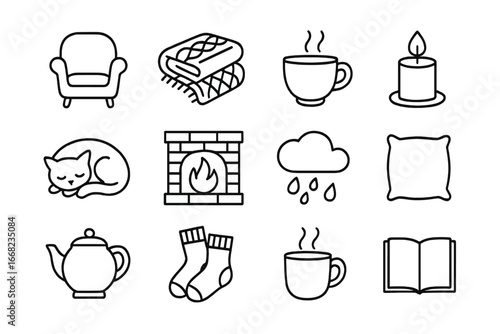Cozy Tea Icons. Outline icon set of cozy tea moments: armchair, knit blanket, warm cup, glowing candle, sleepy