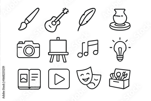 Creative Pursuits Icons. Outline icon set of creative sabbatical pursuits: paintbrush, guitar, writing quill,