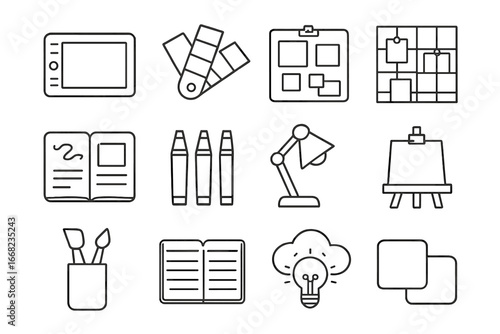 Creative Studio Icons. Outline icon set of creative studio workspace: drawing tablet, color palette, mood