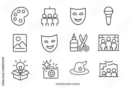 Creative Team Icons. Outline vector icons of creative team events: paint palette, group easel, storytelling