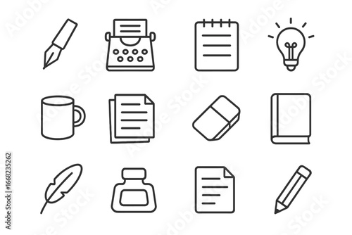 Creative Writing Icons. Outline icon set of creative writing tools: fountain pen, typewriter, notepad, idea