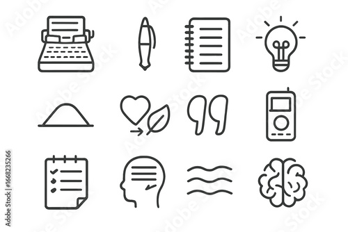 Creative Writing Icons. Outline icon set of creative writing for emotional balance: typewriter, fountain pen,