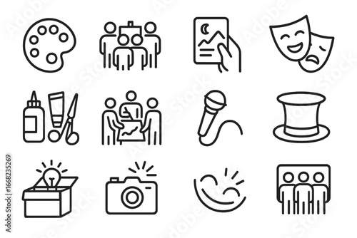 Creative Team Icons. Outline vector icons of creative team events: paint palette, group easel, storytelling