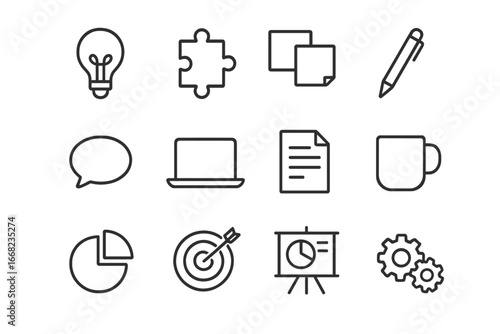 Creative Team Icon Set. Outline icon set of creative team brainstorming: lightbulb, puzzle piece, sticky notes