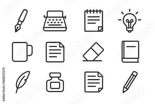 Creative Writing Icons. Outline icon set of creative writing tools: fountain pen, typewriter, notepad, idea