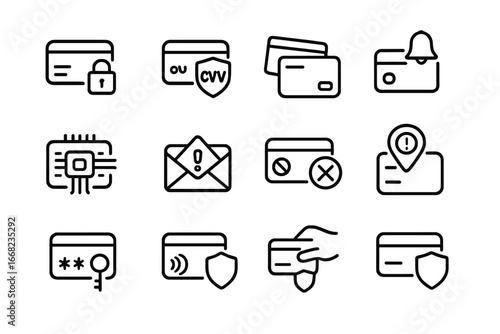 Credit Card Icons. Outline icon set of credit card fraud protection: credit card lock, CVV shield, card