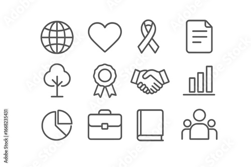 CSR Icon Set. Outline icon set of corporate social responsibility globally: globe, heart, ribbon, document,