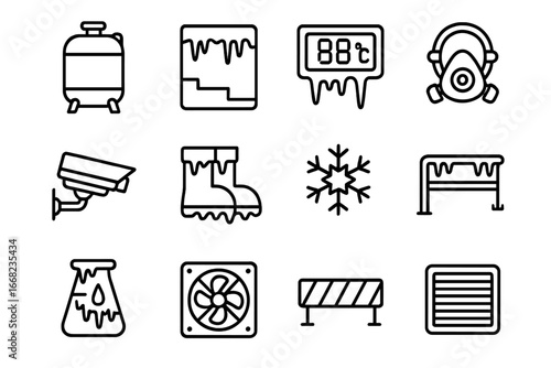 Cryogenic Facility Icons. Outline icon set of cryogenic storage facilities: large tank, frost-covered wall,