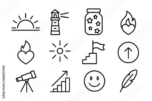 Cultivating Hope Icons. Outline icon set of cultivating hope: sunrise icon, lighthouse, wish jar, dream board,