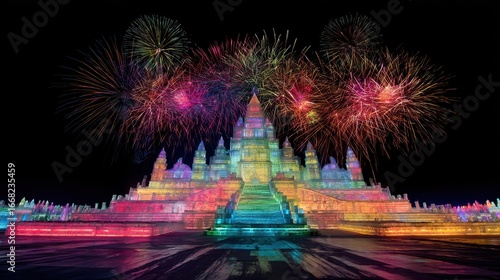 Harbin Ice Festival: Illuminated Ice Castle with Fireworks Display at Night