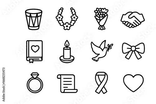 Cultural Ceremony Icons. Outline icon set of cultural promise ceremonies: drum, garland, bouquet, clasped