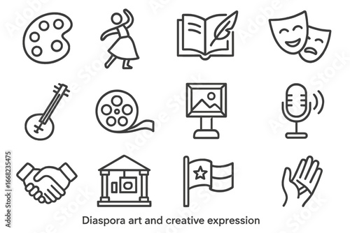 Cultural Art Icons. Outline vector icons of diaspora art and creative expression: paint palette, dancer icon,