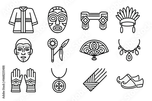 Cultural Costume Icons. Outline icon set of traditional cultural costumes and festival uniforms: ceremonial