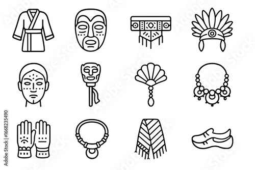 Cultural Costume Icons. Outline icon set of traditional cultural costumes and festival uniforms: ceremonial