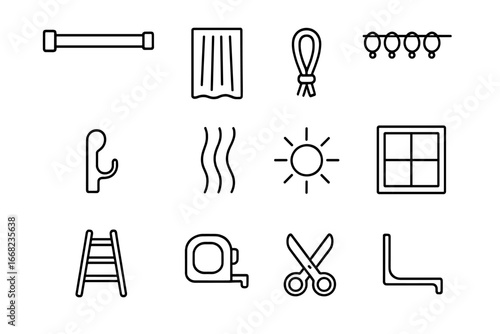 Curtain Installation Icons. Outline icon set of airy linen curtain installation: curtain rod, linen panel,