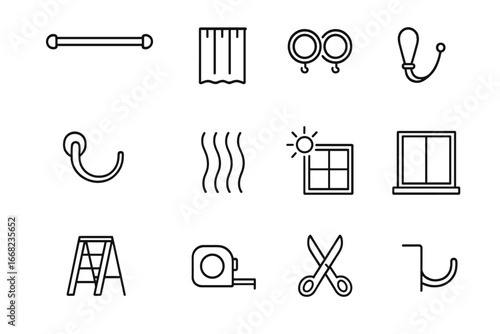 Curtain Setup Icons. Outline icon set of bright daylight curtain setups: curtain rod, sheer panel, curtain