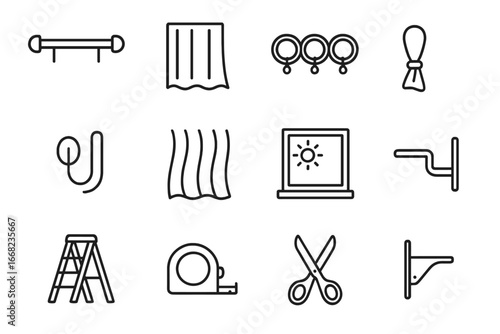 Curtain Setup Icons. Outline icon set of bright daylight curtain setups: curtain rod, sheer panel, curtain