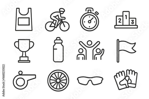 Cycling Icon Set. Outline icon set of competitive cycling on open roads: race number, cyclist, stopwatch,