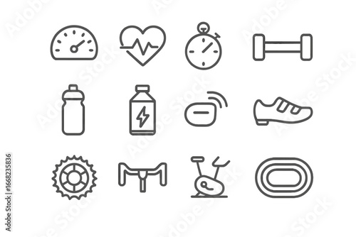 Cycling Fitness Icon Set. Outline icon set of cycling fitness training: speedometer, heart rate monitor,
