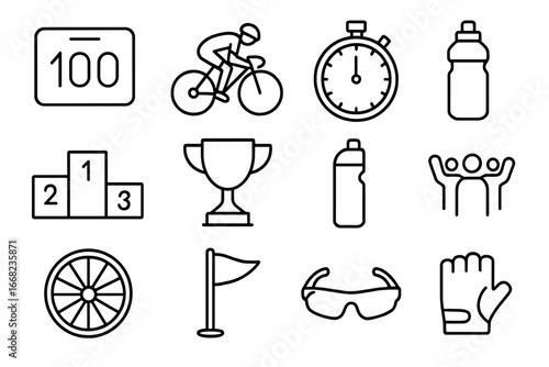 Cycling Icon Set. Outline icon set of competitive cycling on open roads: race number, cyclist, stopwatch,