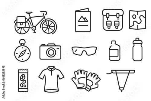 Cycling Tour Gear Icons. Outline icon set of cycling tours: touring bike, guidebook, panniers, map, compass,