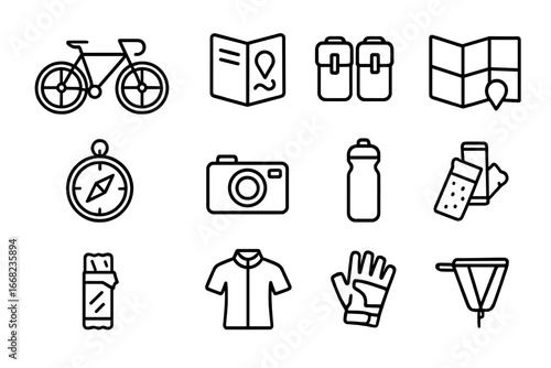 Cycling Tour Gear Icons. Outline icon set of cycling tours: touring bike, guidebook, panniers, map, compass,