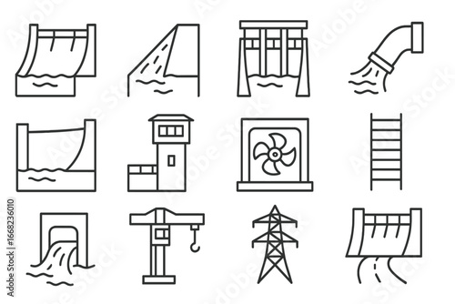 Dam Infrastructure Icons. Outline icon set of dam infrastructure: concrete dam, spillway, control gates,