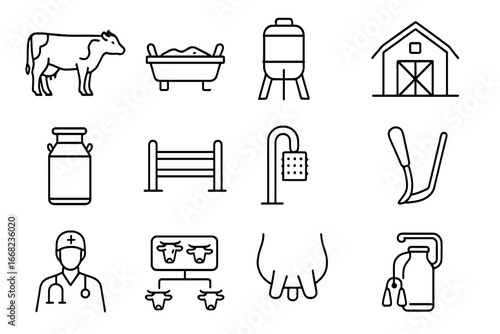 Dairy Farm Icons Grid. Outline vector icons of dairy cattle farming: milking cow, feed trough, water tank,